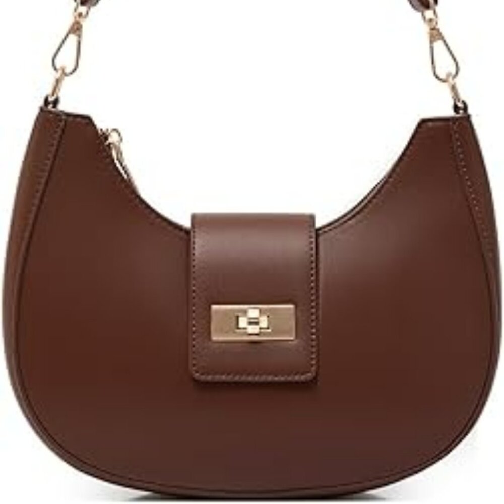 Brown Shoulder Bag Retro Vegan Leather Crossbody‎ Tote Hand Bag Crescent Shape